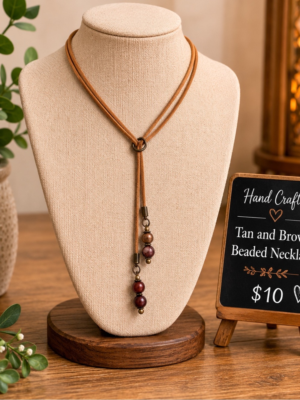 Hand Crafted Tan and Brown Beaded Necklace